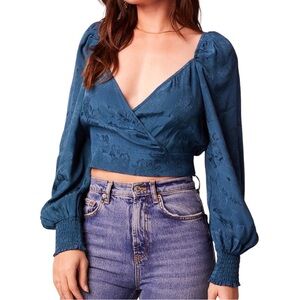 New Band Of The Free Floral Faux Wrap Long Sleeve Crop Top Deep Teal Size Medium